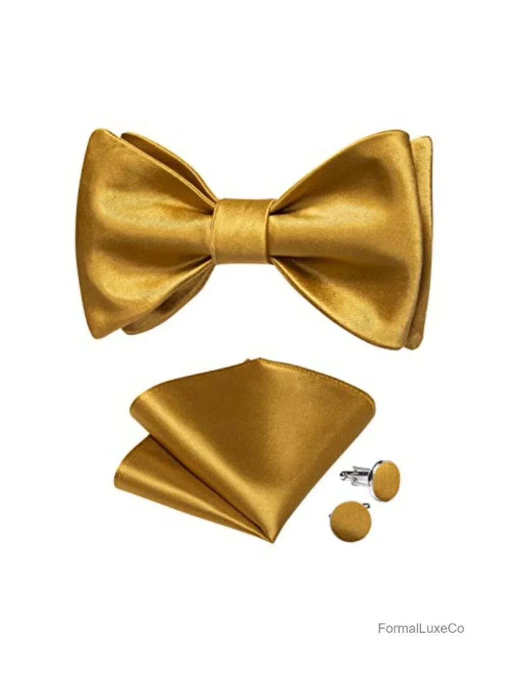 Silk Satin Self Tie Bow Tie Set W/ Pocket Square & Cufflinks